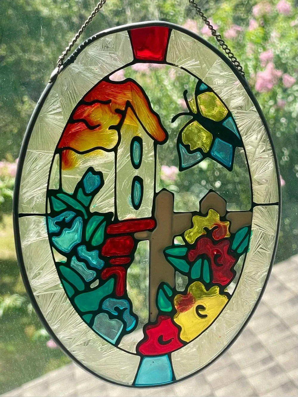 Faux Stained Glass Birdhouse & Butterfly Oval Suncatcher